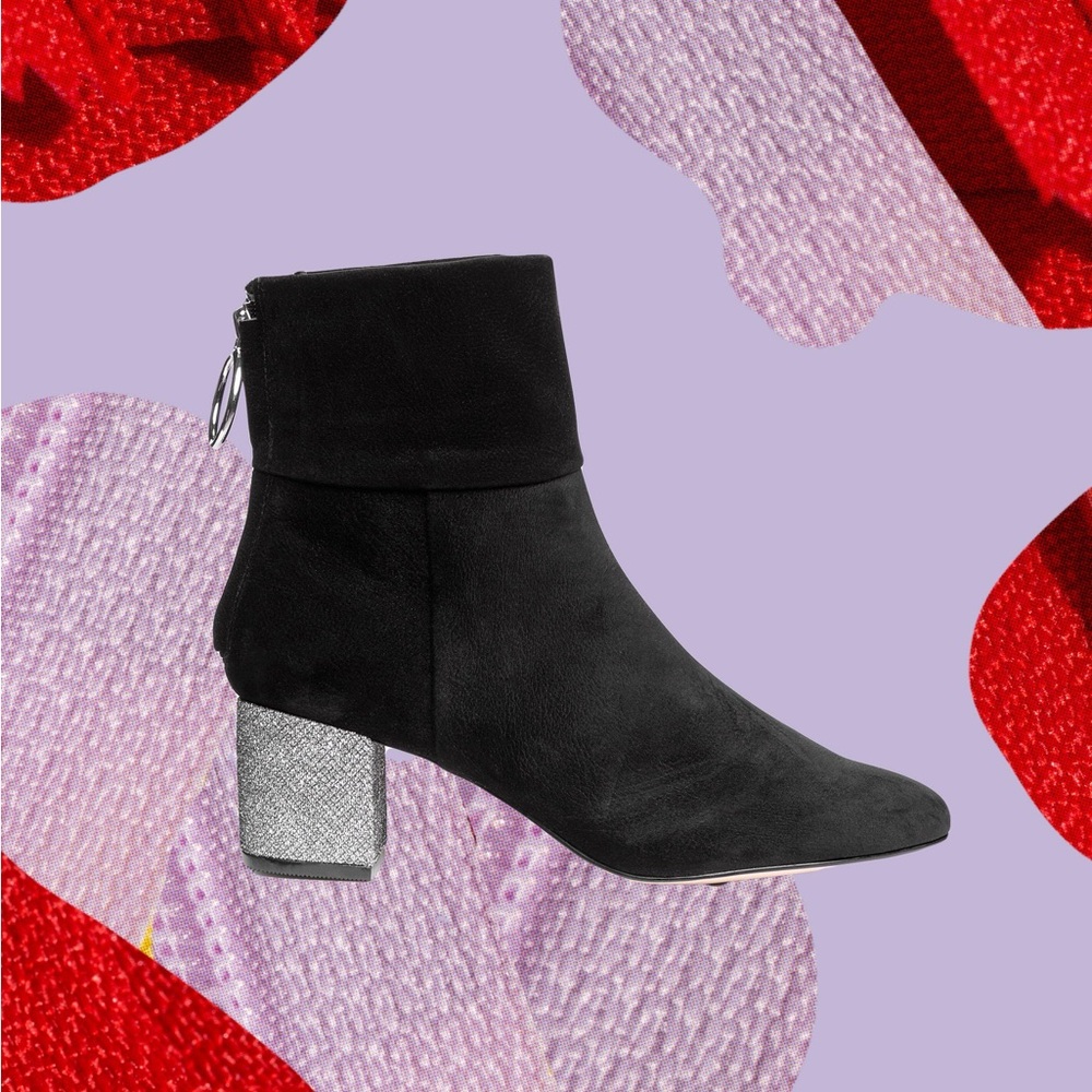 H&M suede black booties with silver glitter block heel 7
